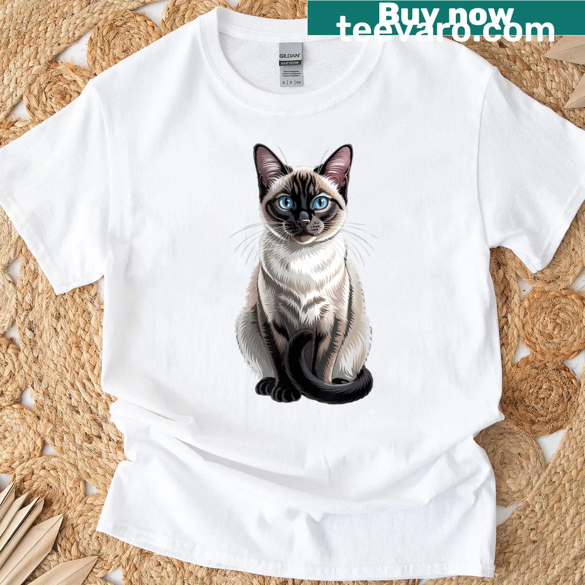 Illustrated Siamese cat design on a T-shirt — on a men's t-shirt