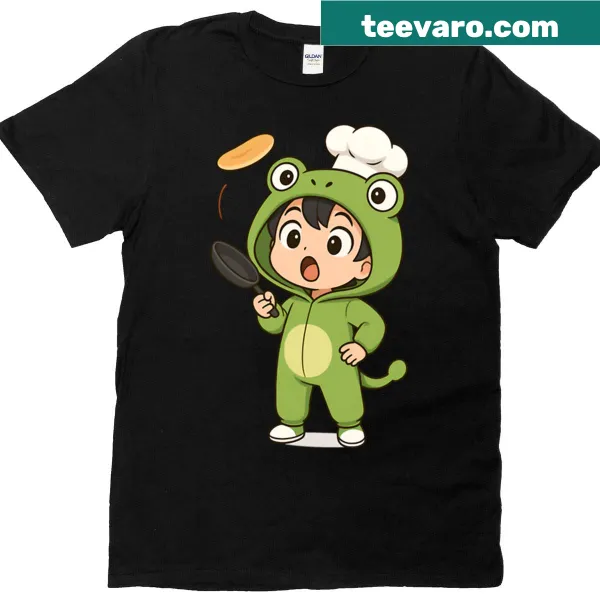 Cute chibi frog chef with pancake cooking design on a T-shirt