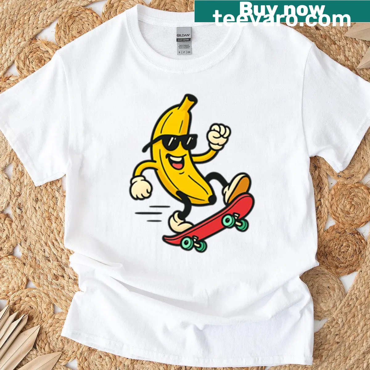 Cartoon banana on a skateboard graphic T-shirt — on a men's t-shirt