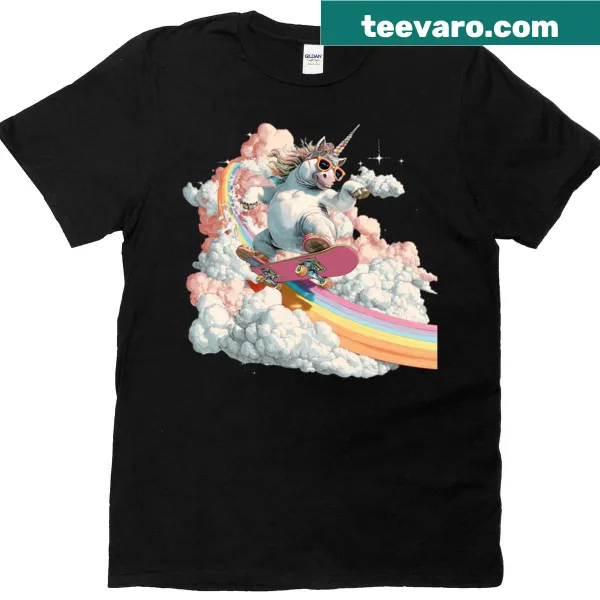 Cartoon skateboard unicorn riding rainbow clouds