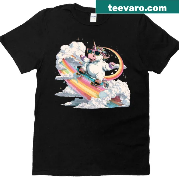 T-shirt featuring a skateboard riding unicorn on a rainbow