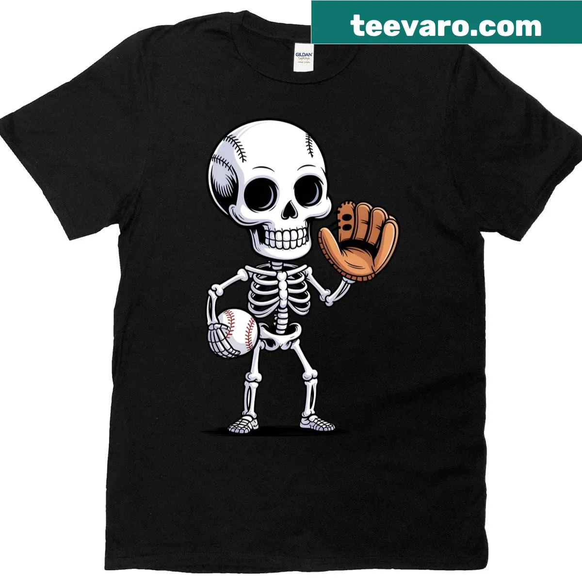 Skeleton baseball player graphic on a Halloween-themed T-shirt — on a men's t-shirt