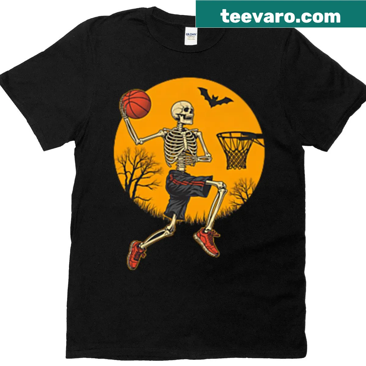 Skeleton dunking a basketball in Halloween-themed shirt — on a men's t-shirt