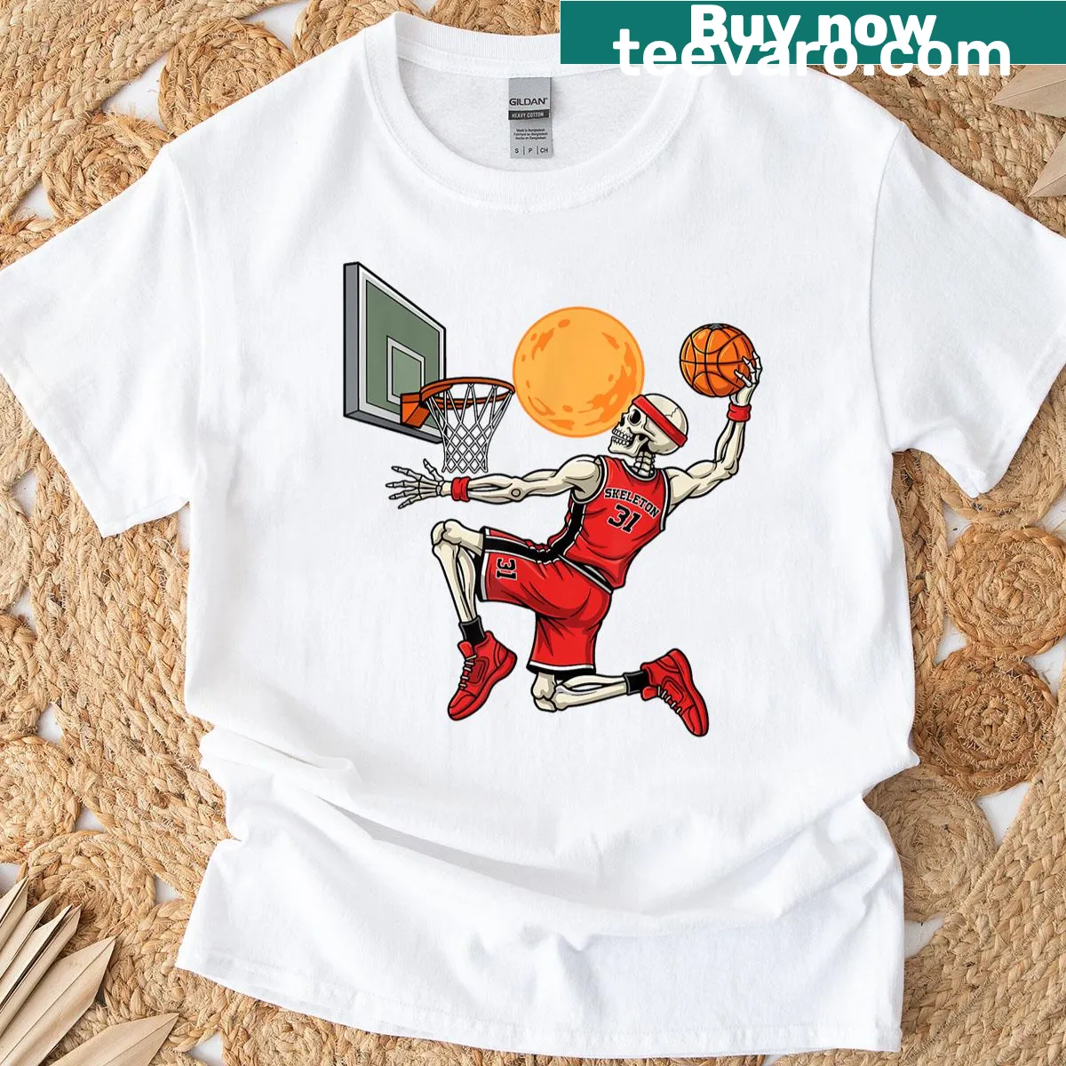 Skeleton dunking a basketball under the moon for Halloween — on a men's t-shirt