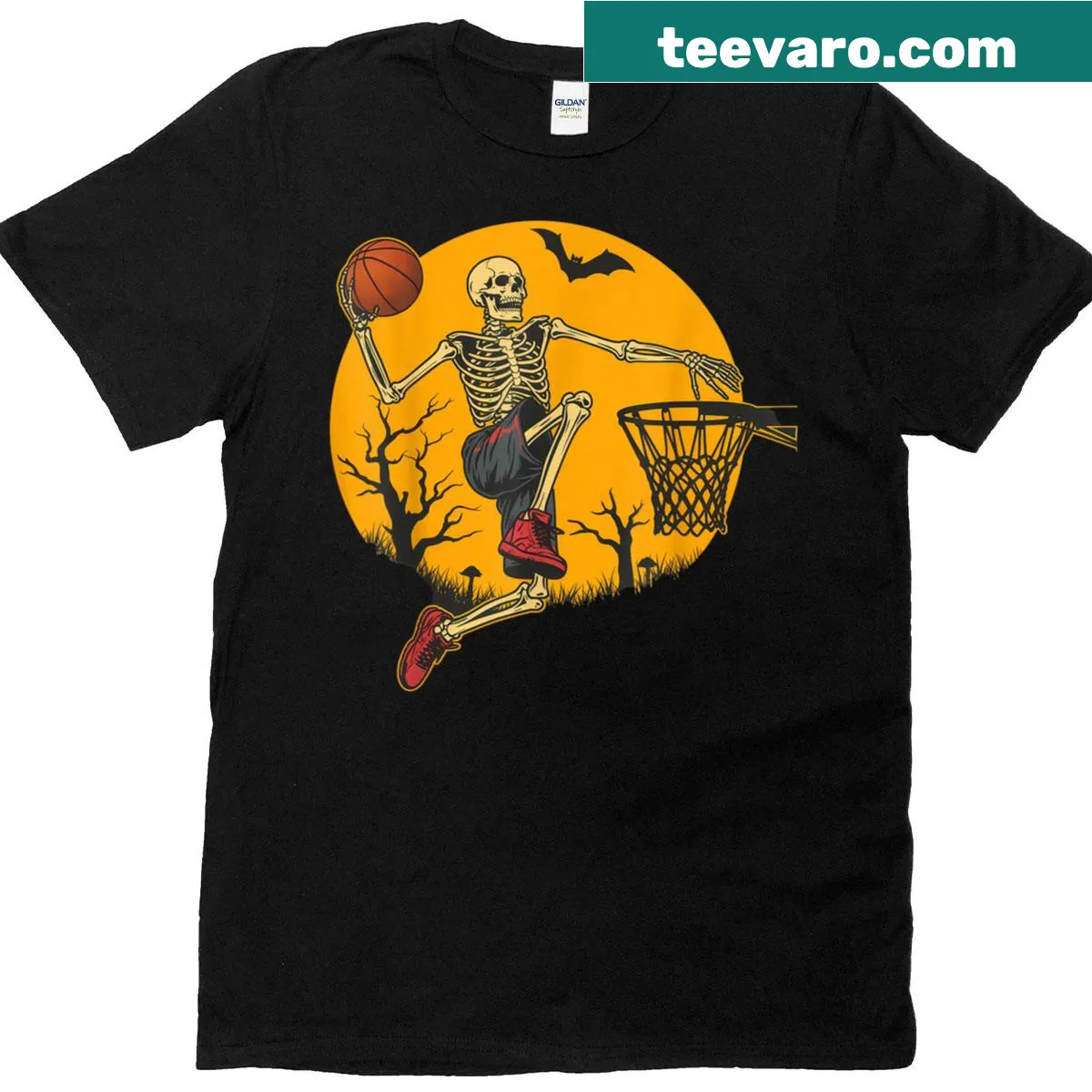 T-shirt with a skeleton playing basketball for Halloween. — on a men's t-shirt