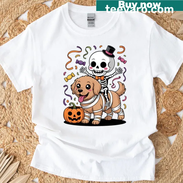 Skeleton on mummified golden retriever with candy graphic