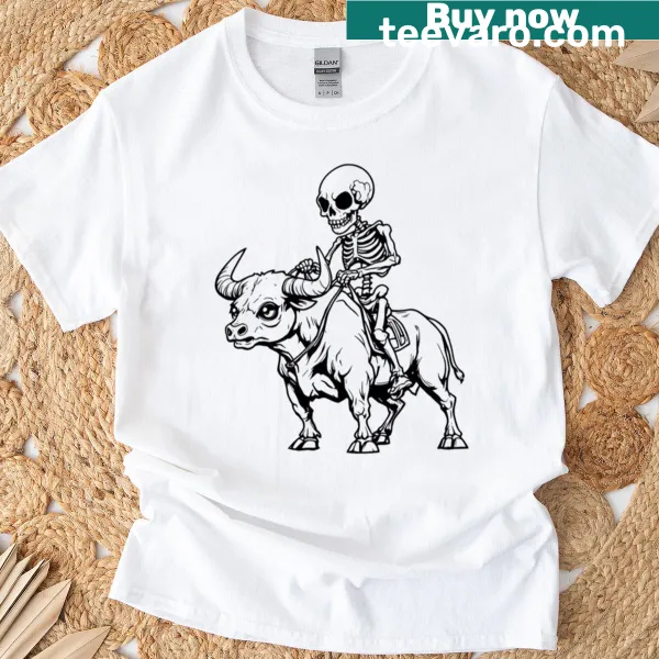 Graphic of a skeleton riding a bull, playful illustration t-shirt