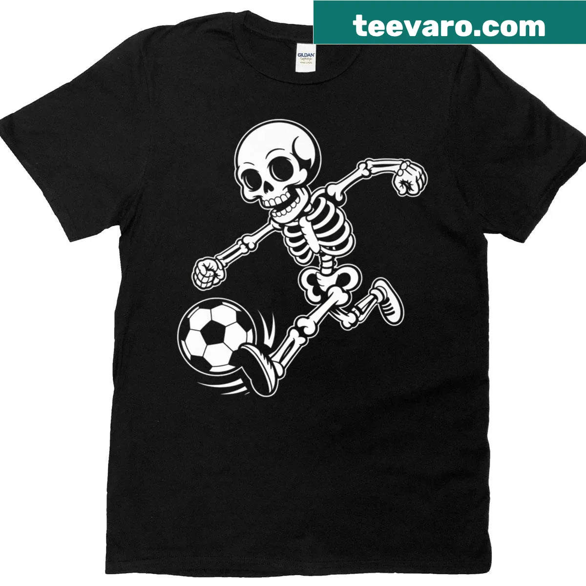Skeleton playing soccer design for Halloween enthusiasts — on a men's t-shirt