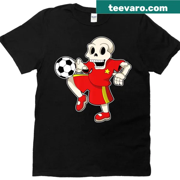 Whimsical illustration of a skeleton soccer player