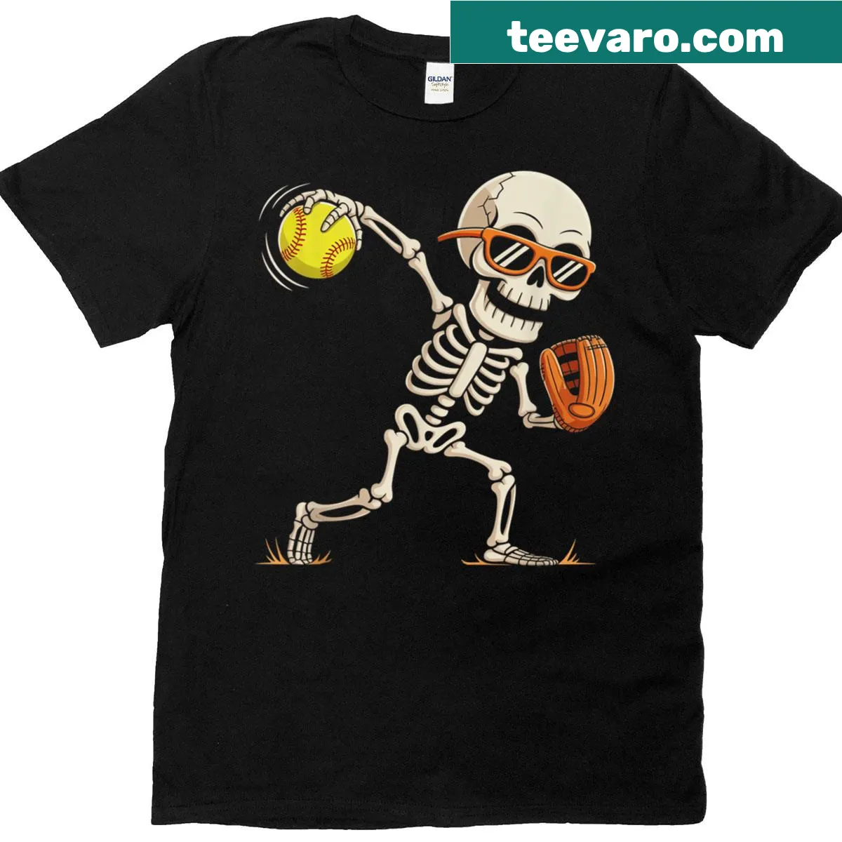 Skeleton throwing a softball in Halloween-themed graphic. — on a men's t-shirt