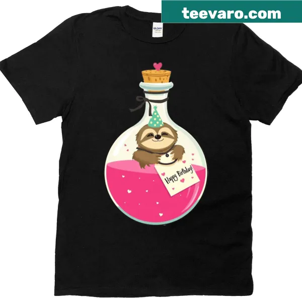 Cute sloth in a party hat on a birthday-themed t-shirt.