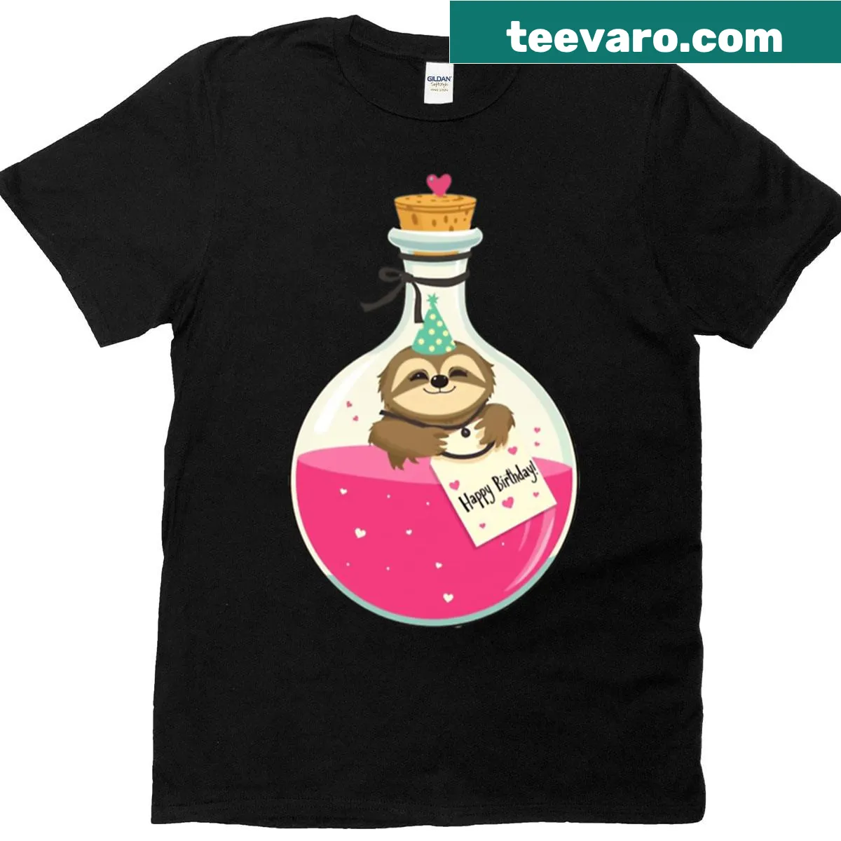 Cute sloth in a party hat on a birthday-themed t-shirt. — on a men's t-shirt