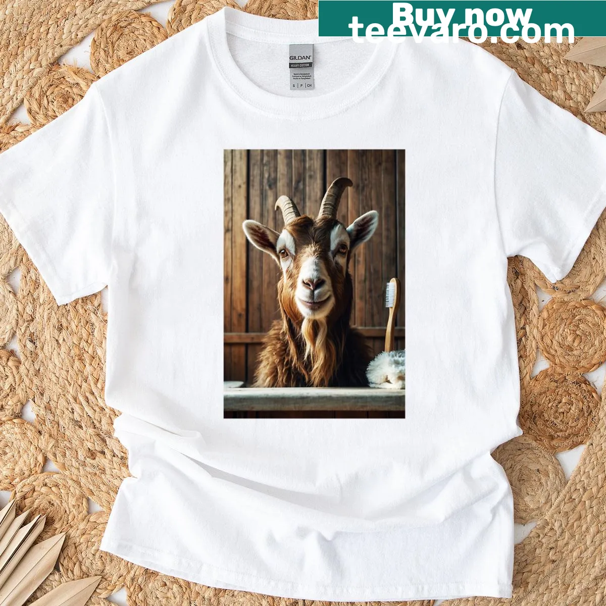 Illustration of a smiling goat with a toothbrush in a rustic setting — on a men's t-shirt