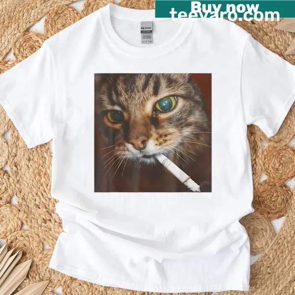 Funny cartoon t-shirt featuring a kitten with a cigarette