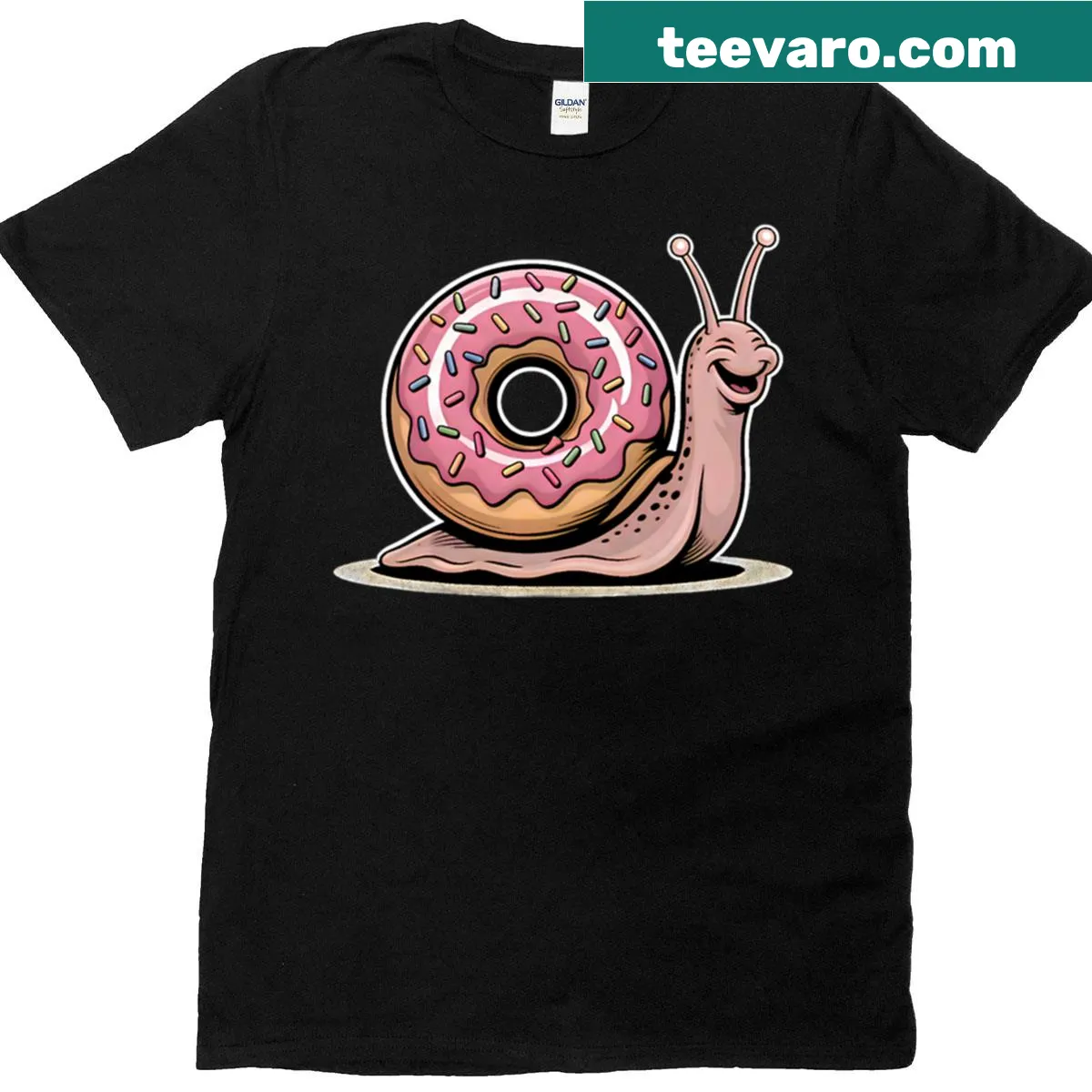 Cute snail enjoying a donut on a t-shirt — on a men's t-shirt