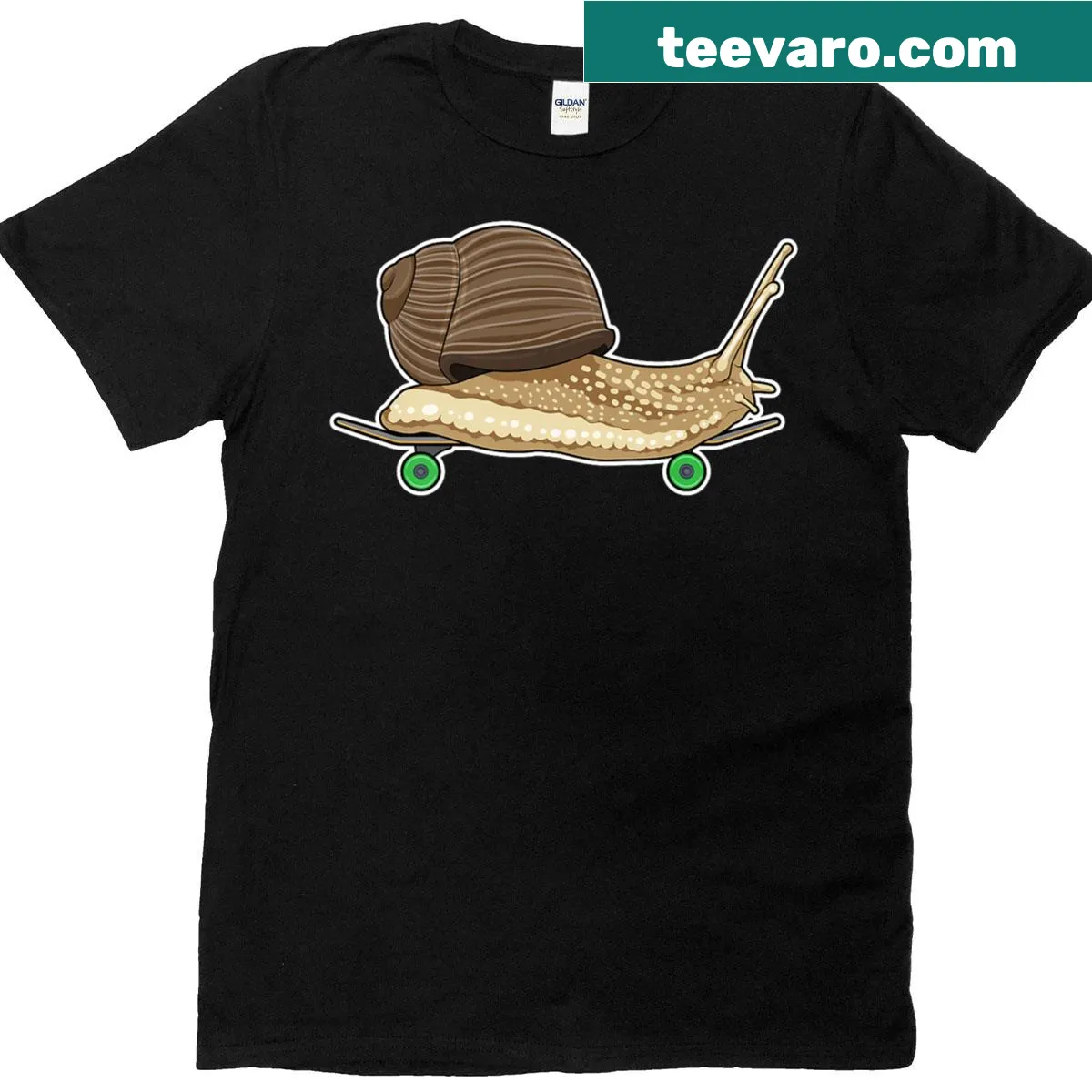 Cartoon snail skateboard design on a playful T-shirt. — on a men's t-shirt