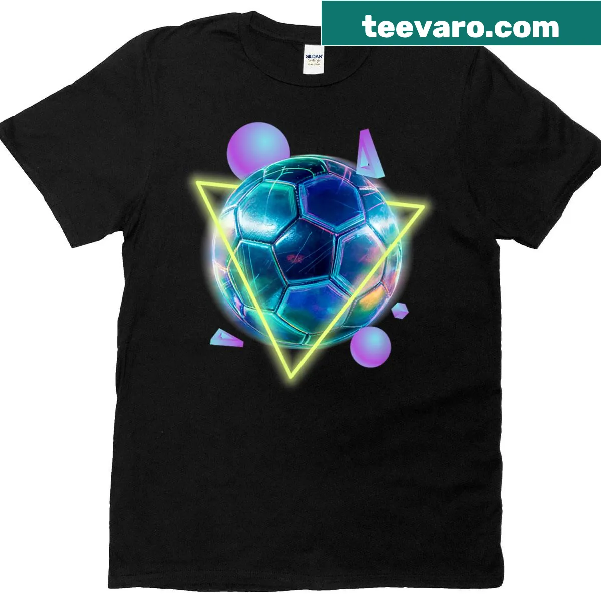 Futuristic soccer ball graphic T-shirt with digital design — on a men's t-shirt