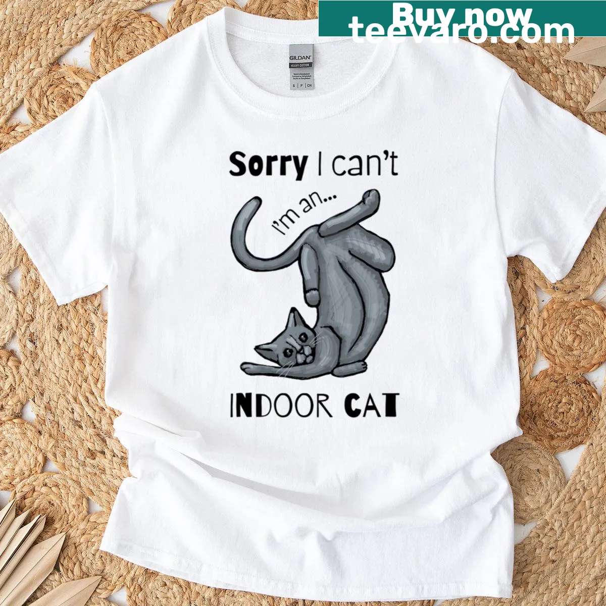 Funny indoor cat t-shirt with playful text design — on a men's t-shirt