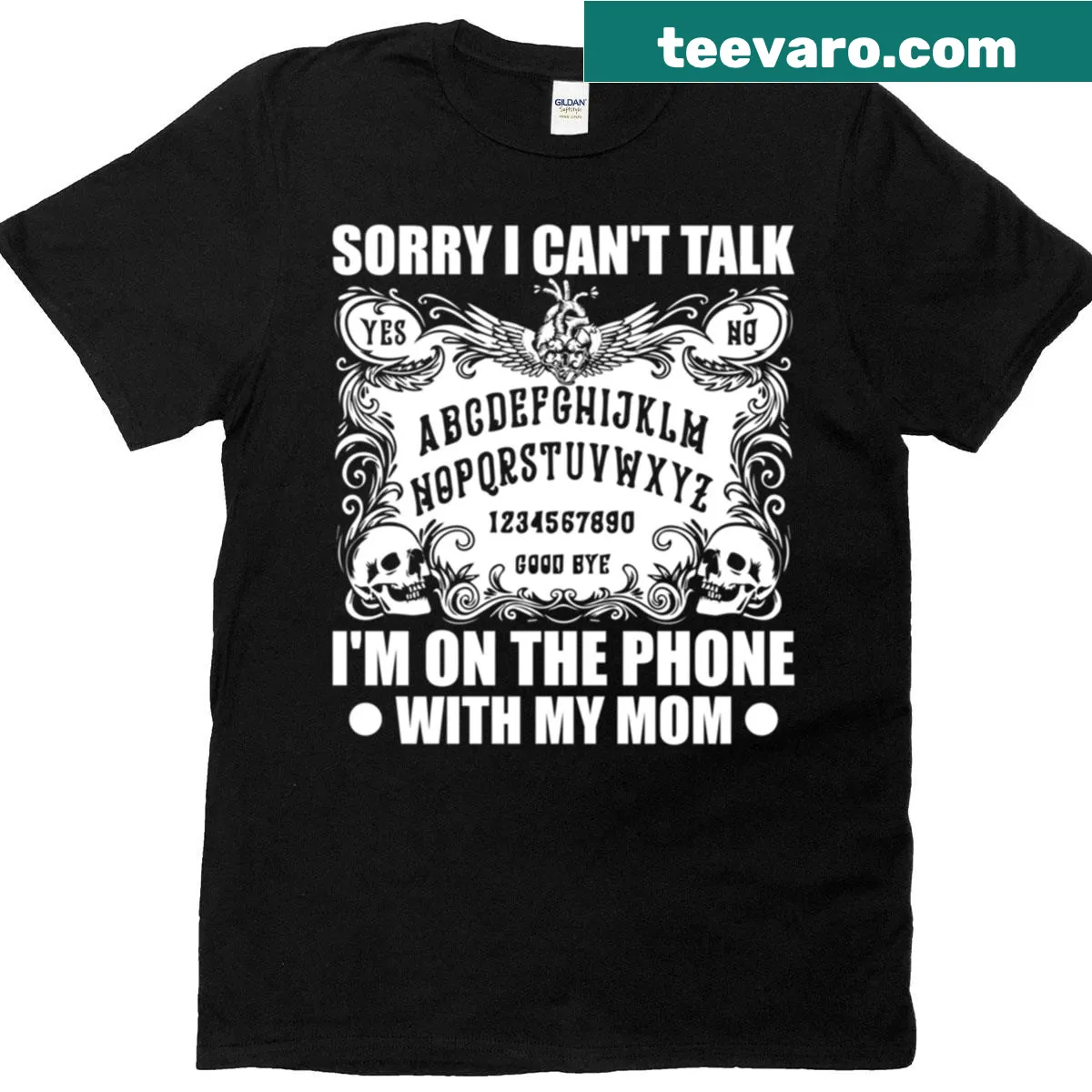 Funny tee with 'Sorry I Can't Talk I'm On The Phone With My Mom' — on a men's t-shirt