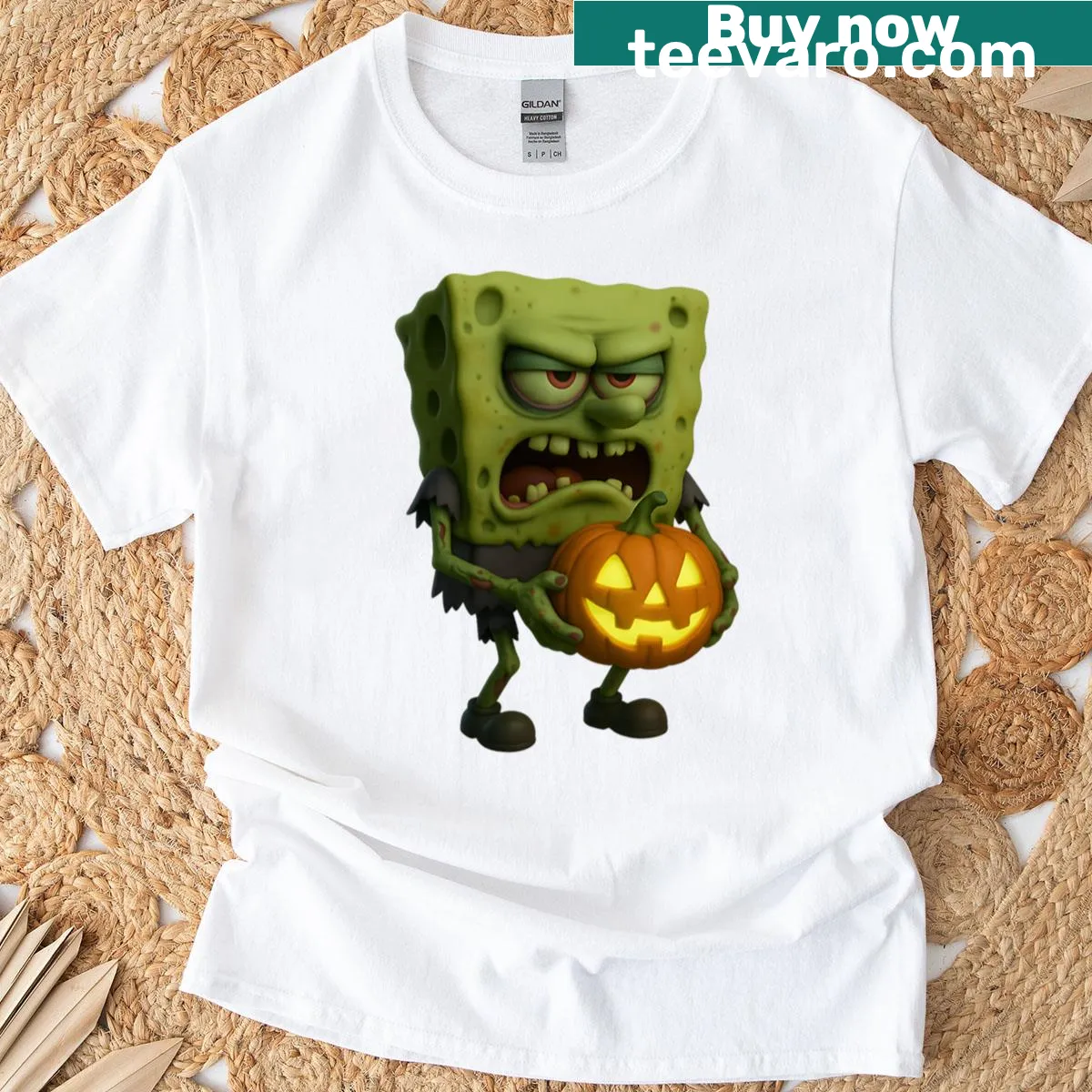Creepy zombie Spongebob graphic for Halloween T-shirt — on a men's t-shirt