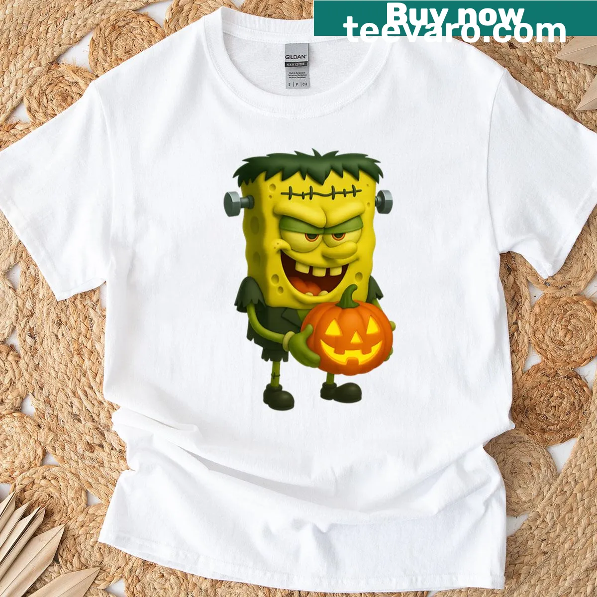 Spongebob as Frankenstein on a Halloween-themed T-shirt with pumpkins — on a men's t-shirt