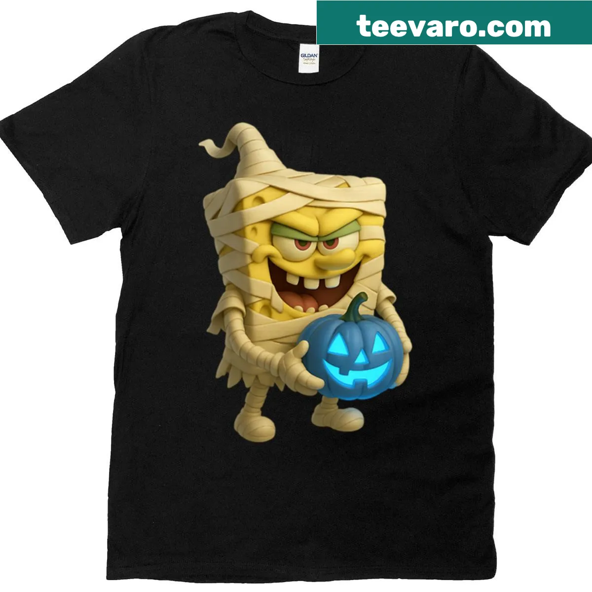 Halloween themed Spongebob t-shirt with horror elements — on a men's t-shirt