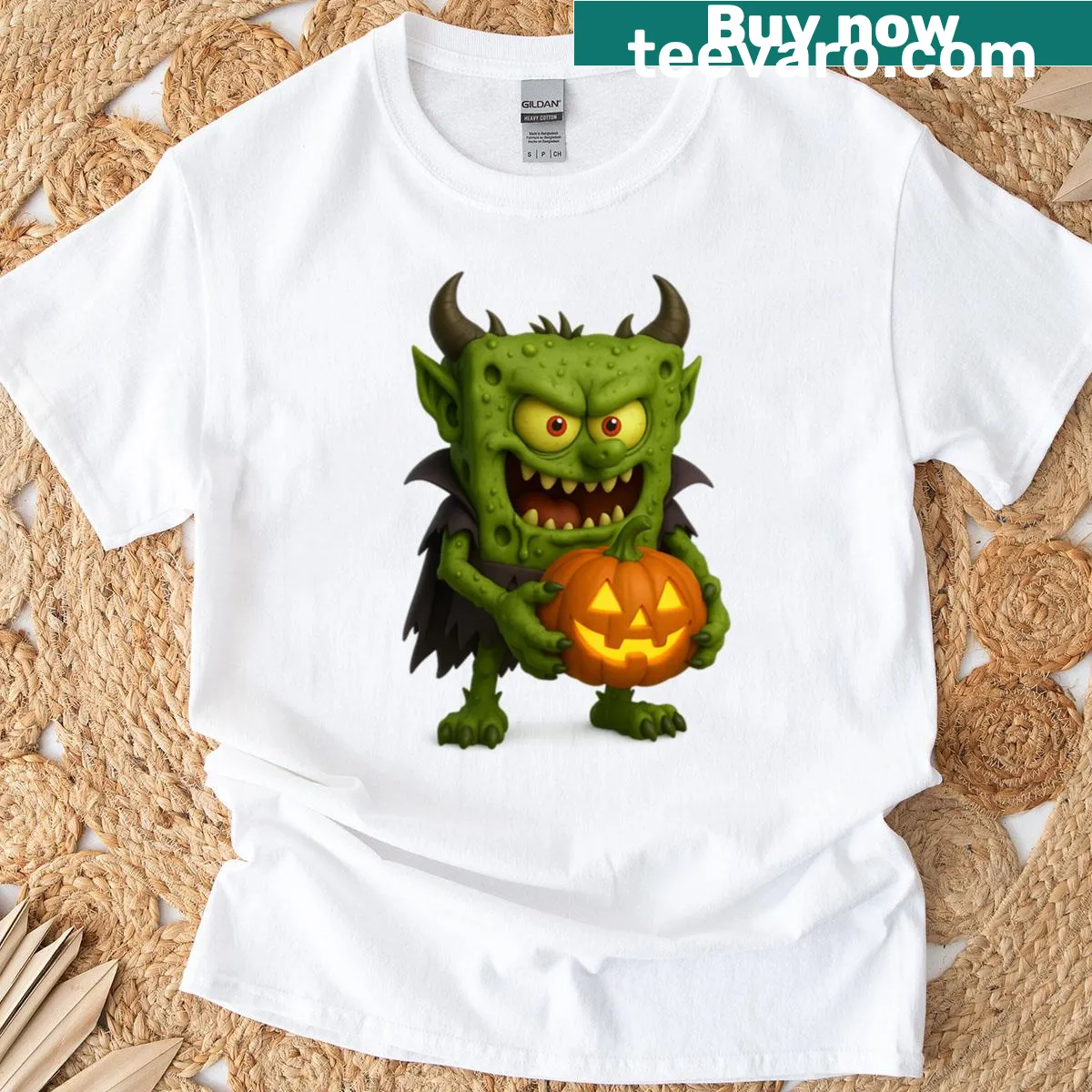 Oversized T-shirt featuring Spongebob as a monster with a pumpkin design — on a men's t-shirt