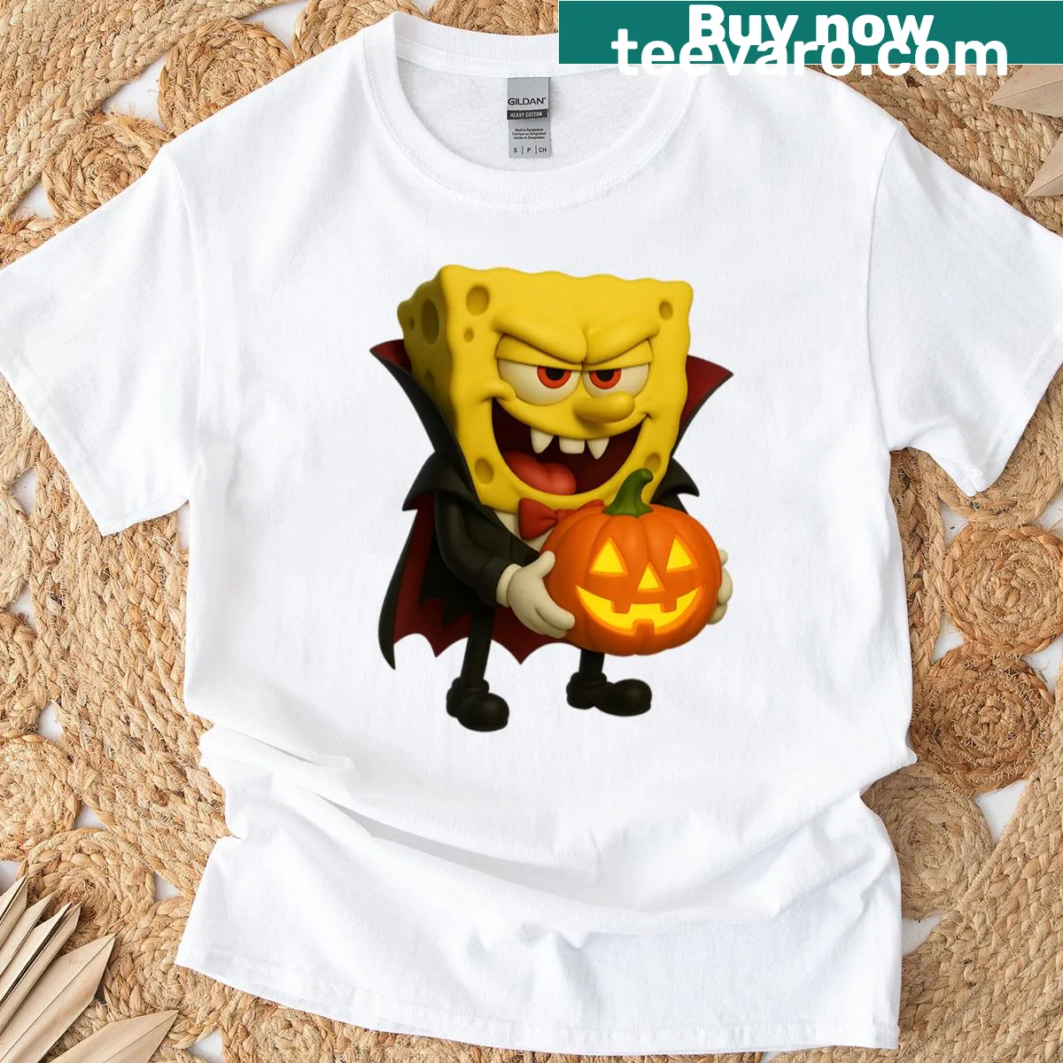 Spongebob dressed as a vampire in a Halloween-themed oversized t-shirt — on a men's t-shirt