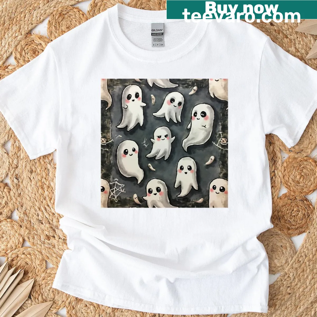 Whimsical ghost pattern T-shirt featuring cute cartoon ghosts — on a men's t-shirt