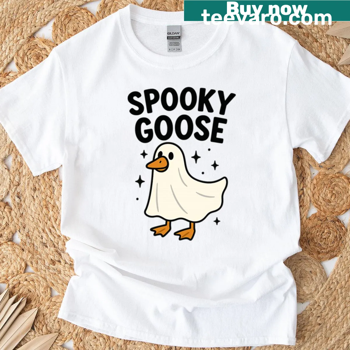 Funny Halloween T-shirt featuring a spooky cartoon goose — on a men's t-shirt
