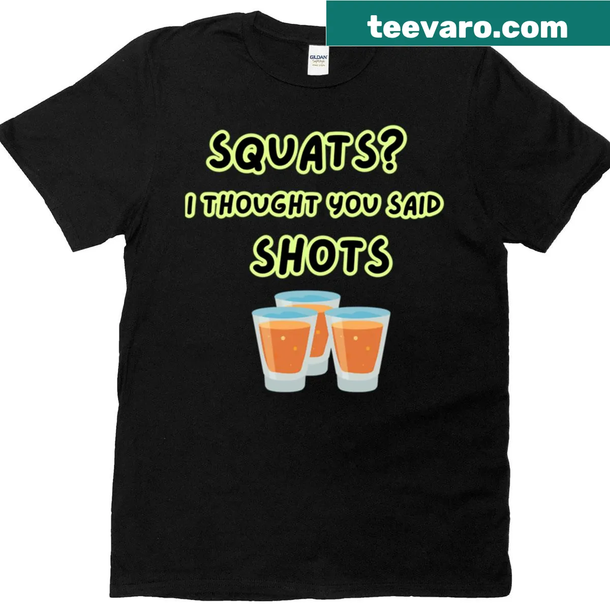 Funny fitness T-shirt with 'Squats? I Thought You Said Shots' text — on a men's t-shirt