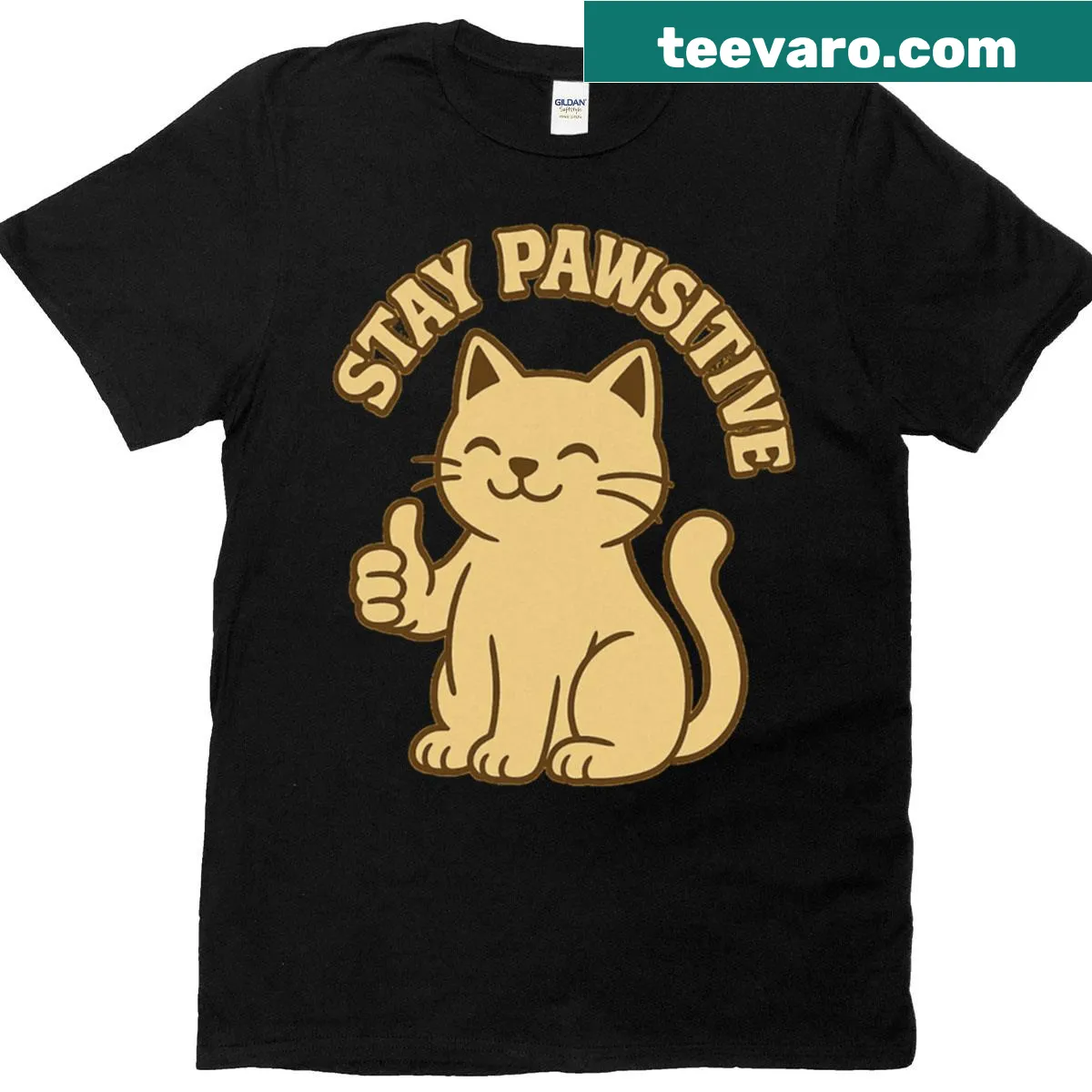 Cute cat illustration T-shirt with 'Stay Pawsitive' text in vintage style — on a men's t-shirt