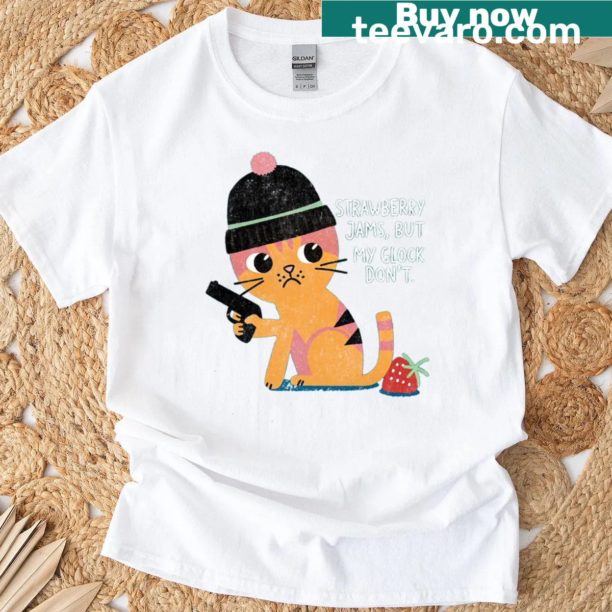Oversized t-shirt with a funny cat holding a Glock and playful text — on a men's t-shirt