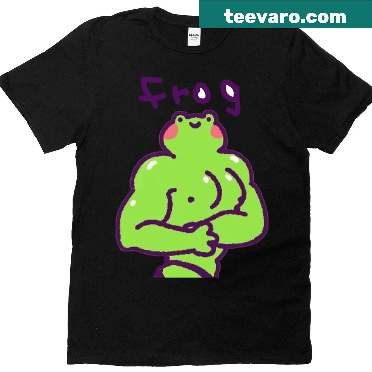 Playful graphic of a strong buff frog flexing muscles — on a men's t-shirt