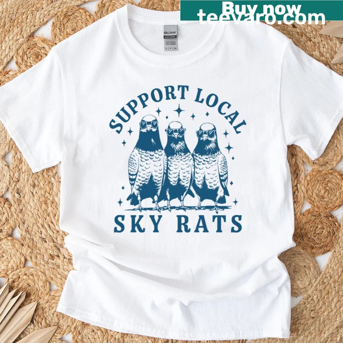 Retro t-shirt with the phrase 'Support Local Sky Rats' and three illustrated pigeons — on a men's t-shirt