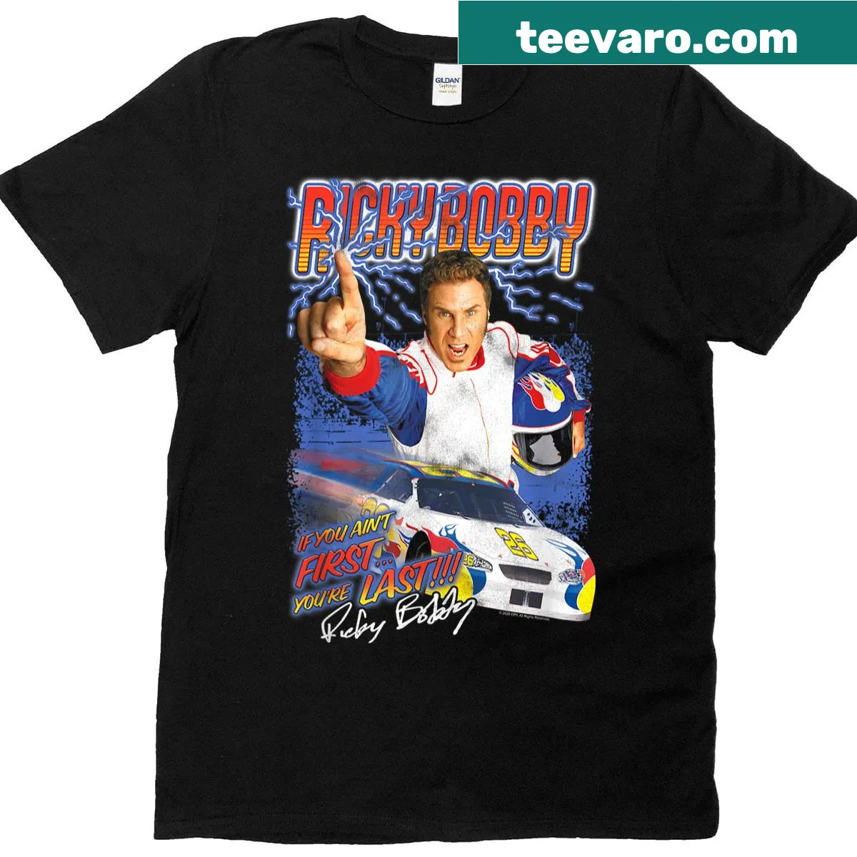 Retro T-shirt featuring Talladega Nights movie graphics — on a men's t-shirt