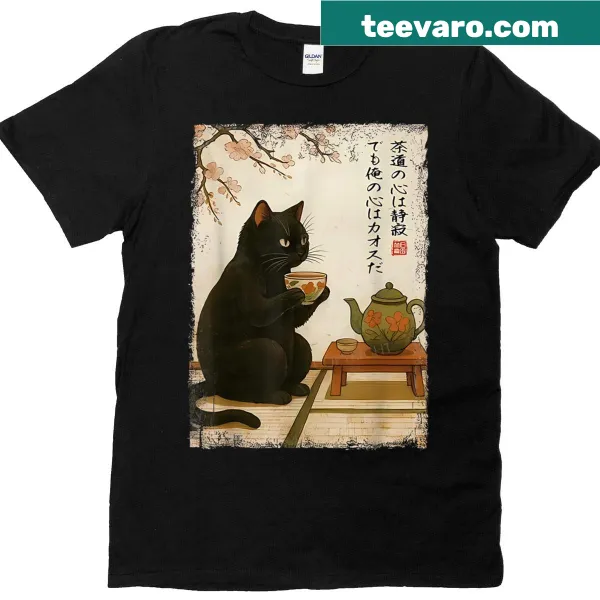 Japanese art style t-shirt featuring a black cat drinking tea