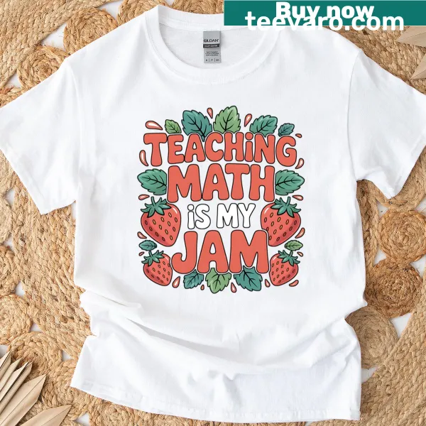 Retro teacher t-shirt with strawberry illustrations and bold text