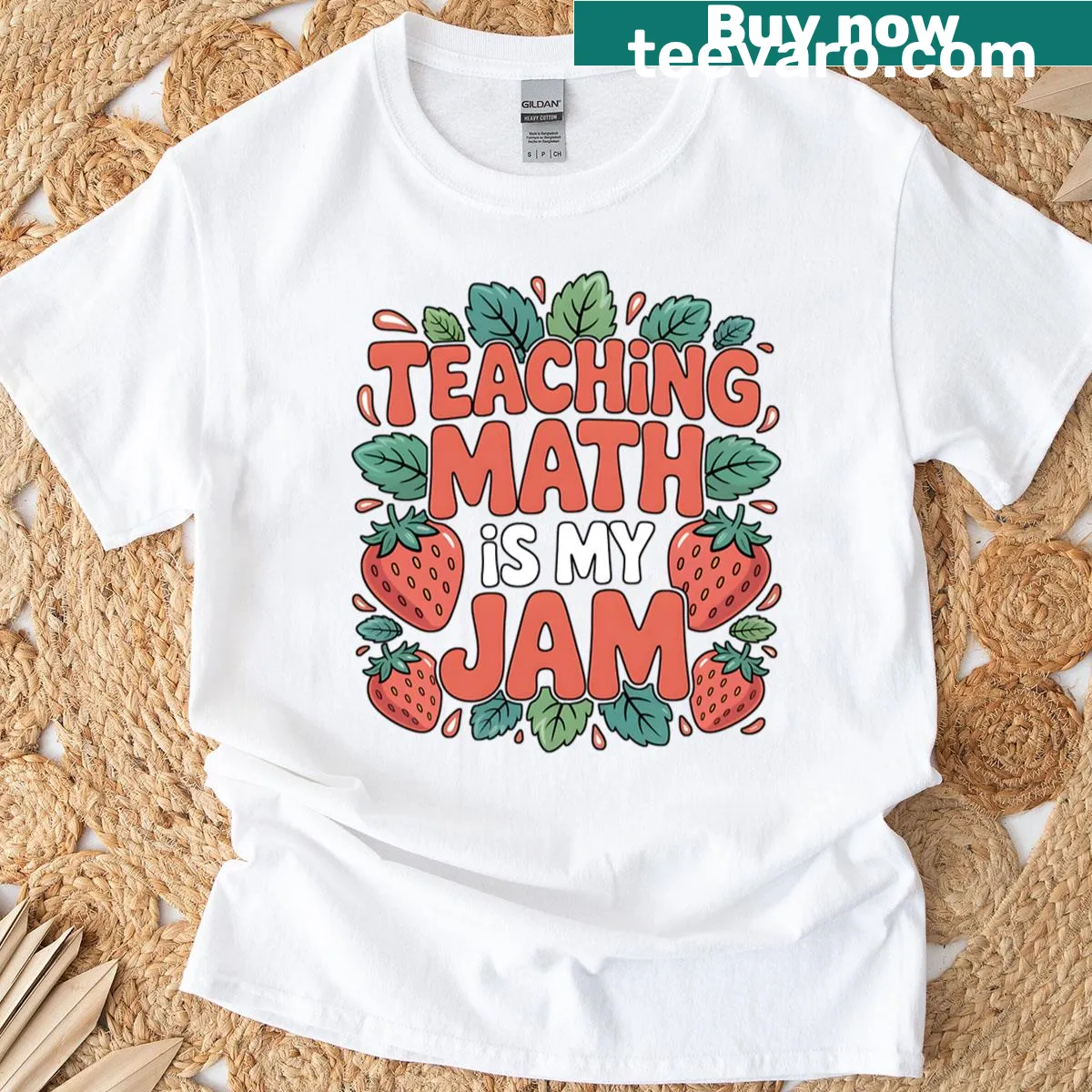 Retro teacher t-shirt with strawberry illustrations and bold text — on a men's t-shirt
