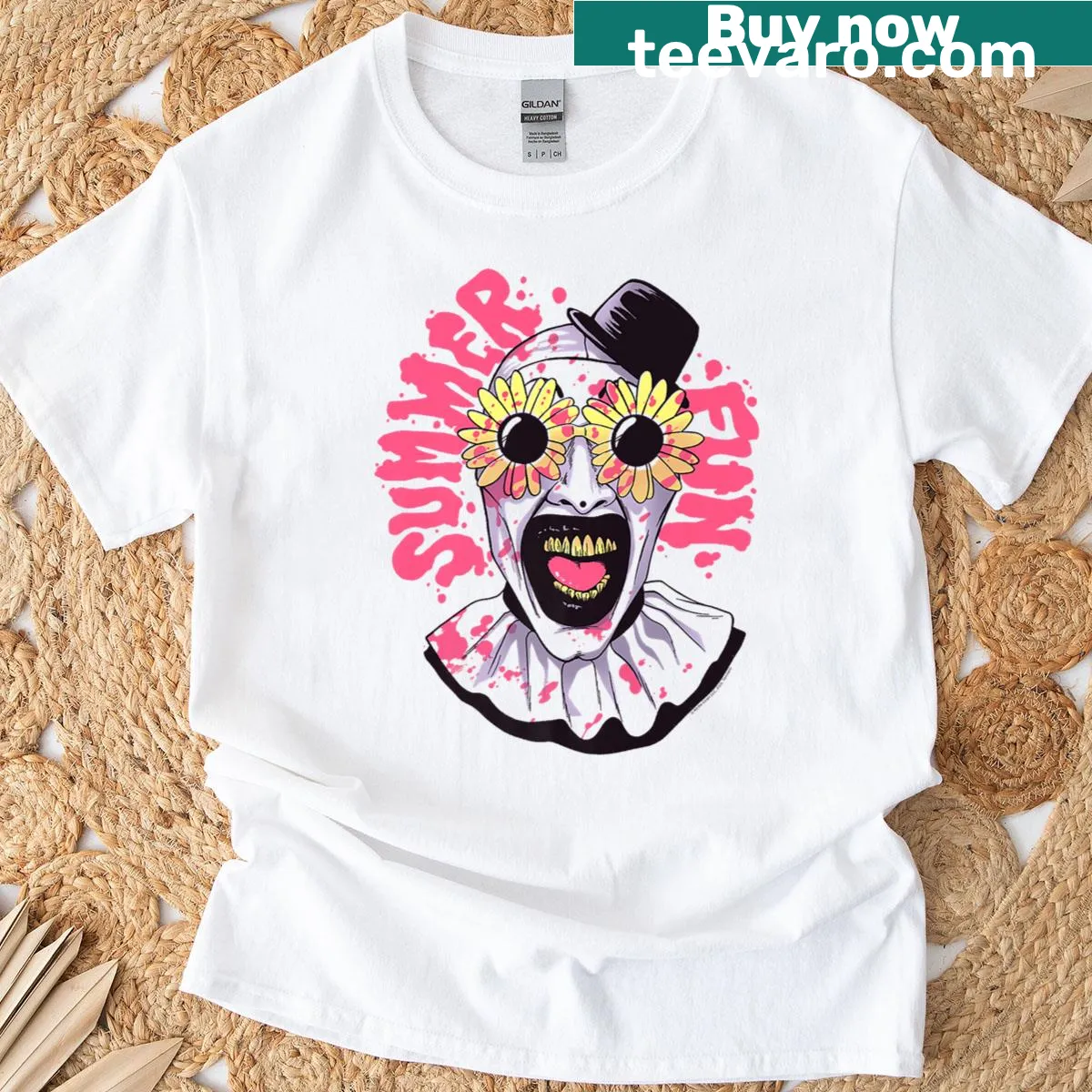 Illustrative T-shirt featuring a clown in sunglasses from the movie Terrifier — on a men's t-shirt