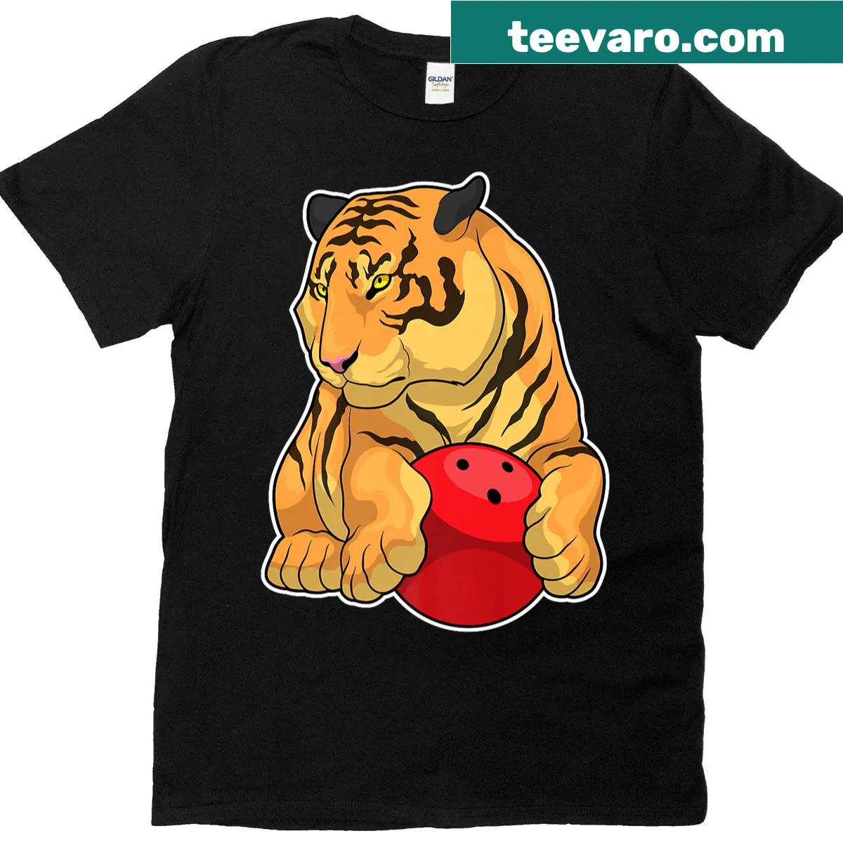Tiger and bowling ball graphic T-shirt for bowling fans — on a men's t-shirt