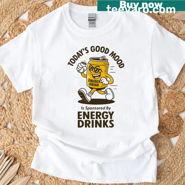 Funny energy drink mascot running with a smiley face t-shirt