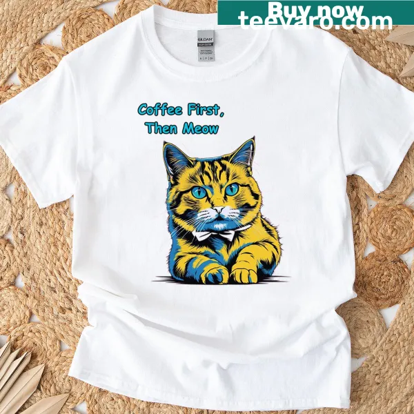 Retro cat art t-shirt with the phrase 'Too Cool To Meow Before Coffee.'