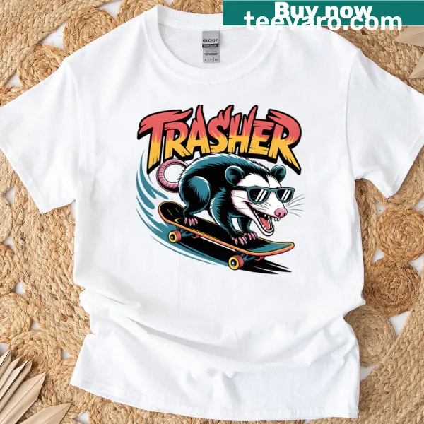 Illustration t-shirt featuring a skateboarding opossum