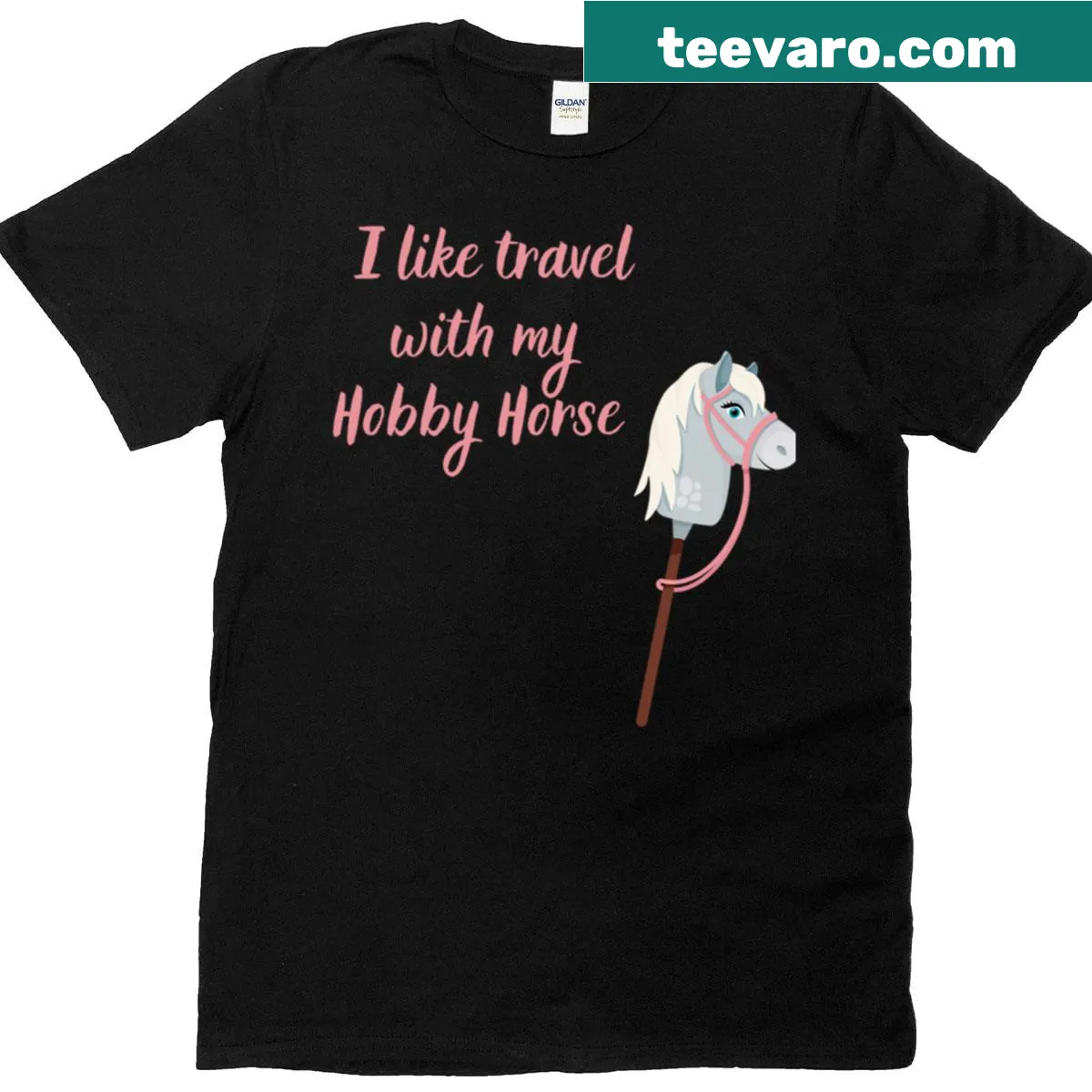 Whimsical t-shirt with a hobby horse and travel-themed design — on a men's t-shirt