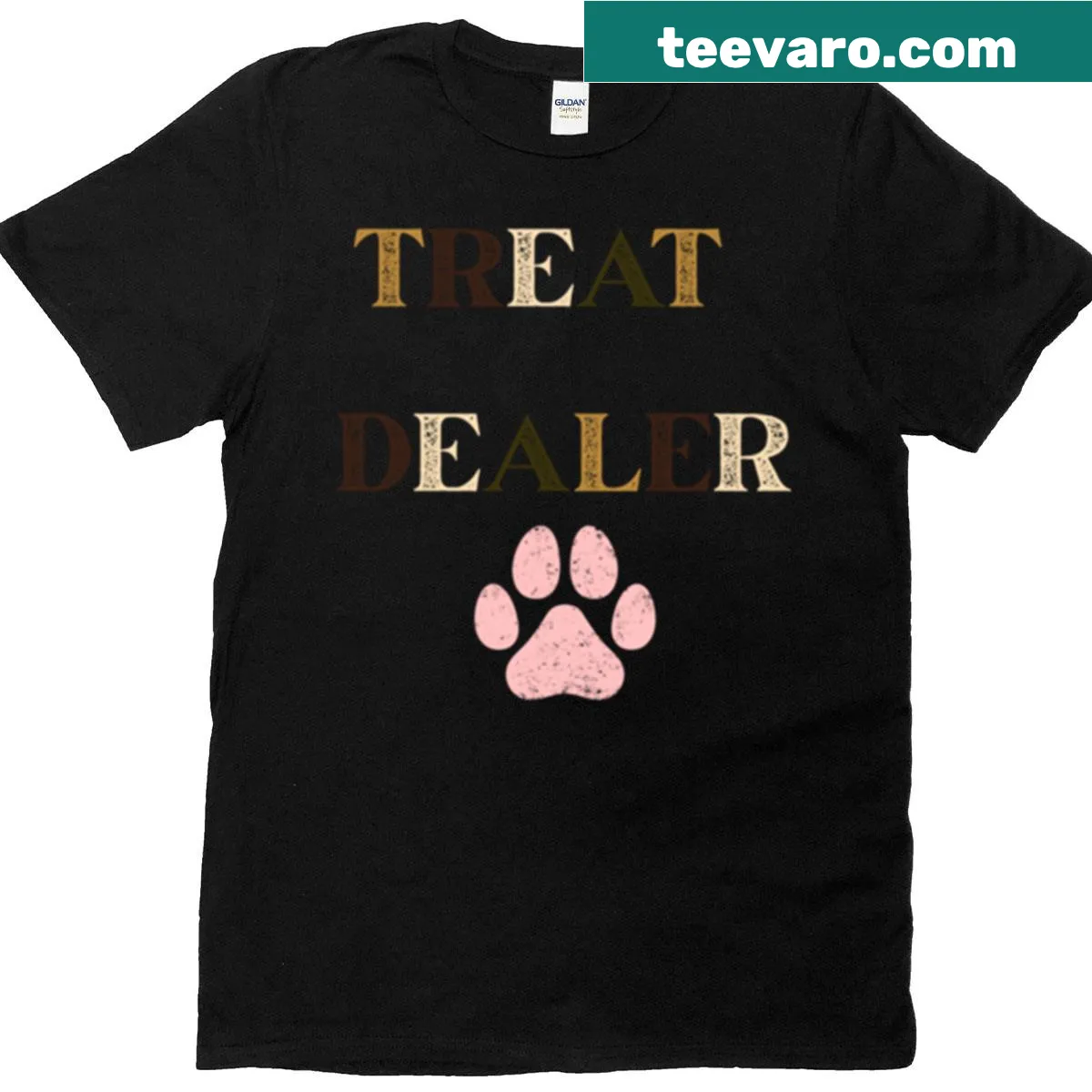 Funny dog mom T-shirt with paw print and Treat Dealer text — on a men's t-shirt