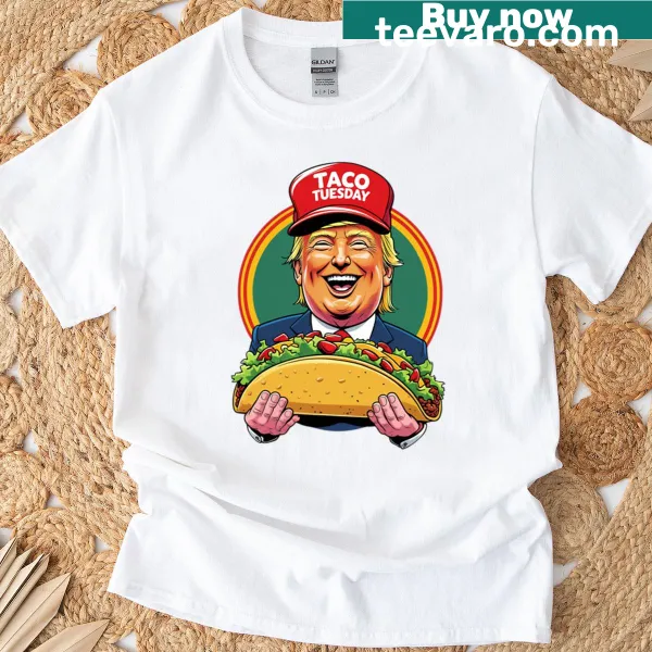 T-shirt featuring humorous Taco Time graphic with tacos.