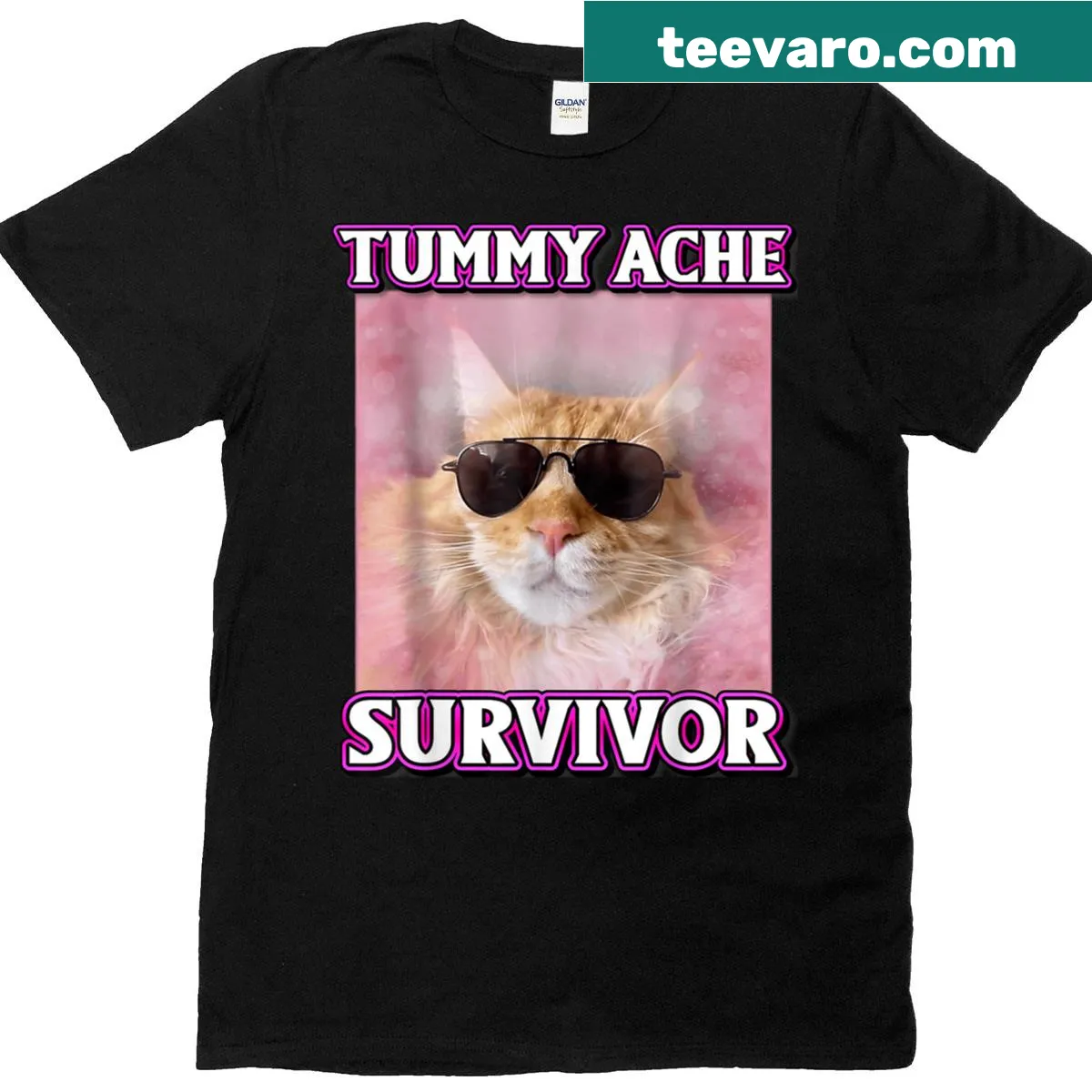 Illustrated cat meme t-shirt showcasing a funny tummy ache theme — on a men's t-shirt