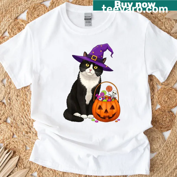 T-shirt featuring a cartoon tuxedo witch cat with a candy basket