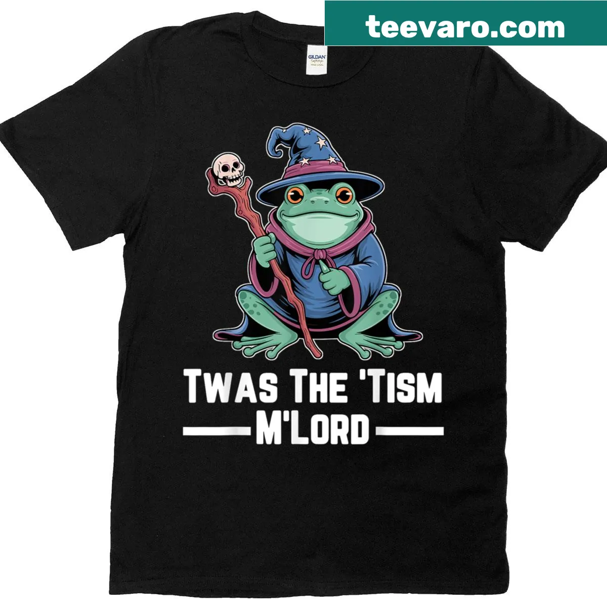 Frog wizard graphic with text 'Twas The Tism' on autism t-shirt — on a men's t-shirt
